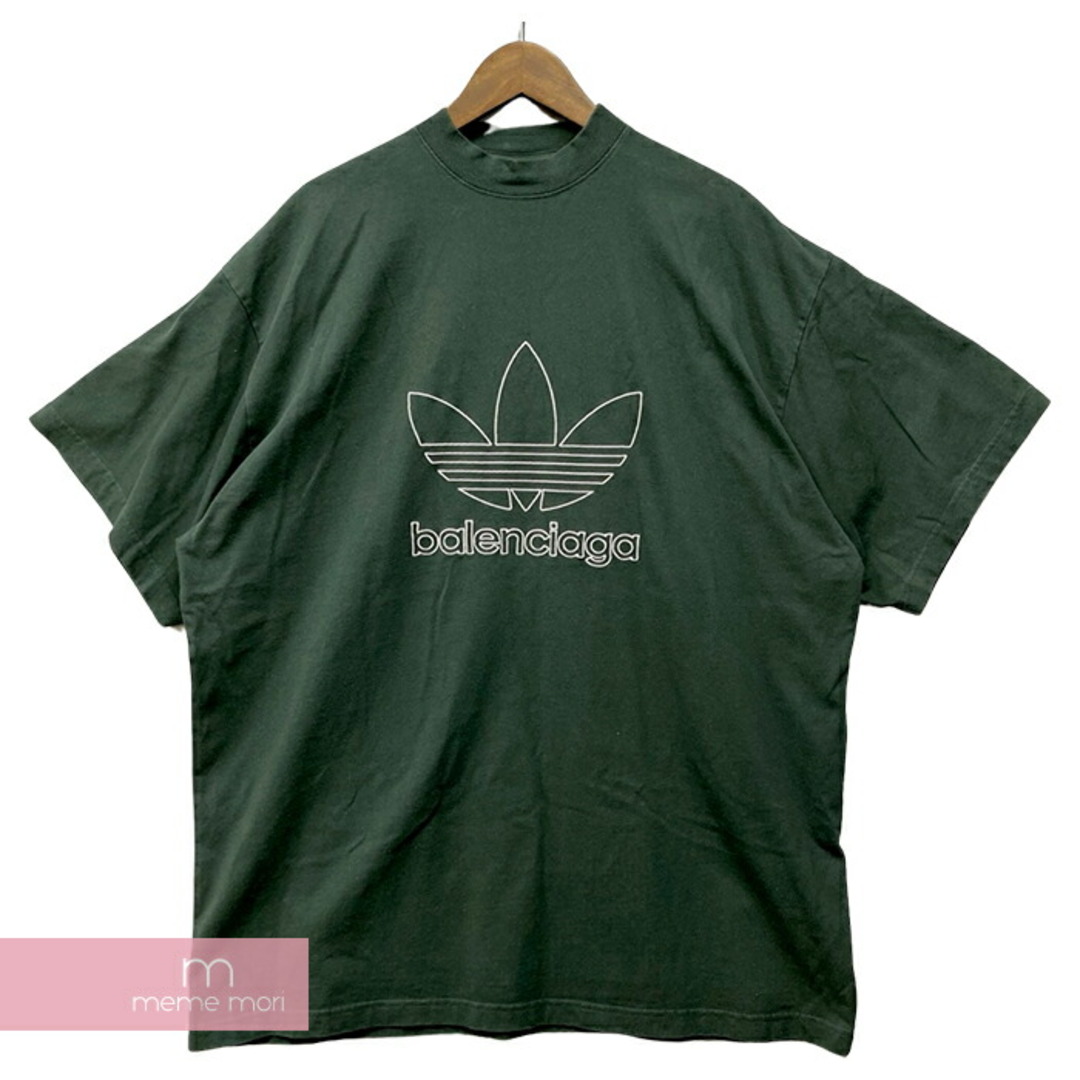 Tシャツ/カットソー(半袖/袖なし)BALENCIAGA×adidas 2022AW Oversized Tee 723976 TNVN8 バレンシアガ×アディダス オーバーサイズTシャツ 半袖カットソー 加工 ロゴ刺繍 モックネック ダークグリーン サイズ3【231019】【-B】【me04】