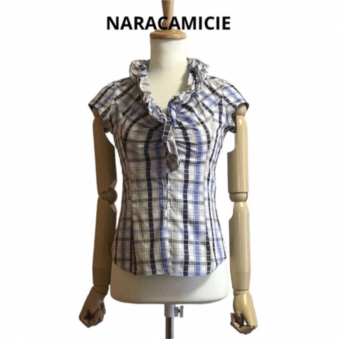 NARACAMICIE(ナラカミーチェ)のNARACAMICIE ドビーチェックフリルブラウス レディースのトップス(シャツ/ブラウス(半袖/袖なし))の商品写真