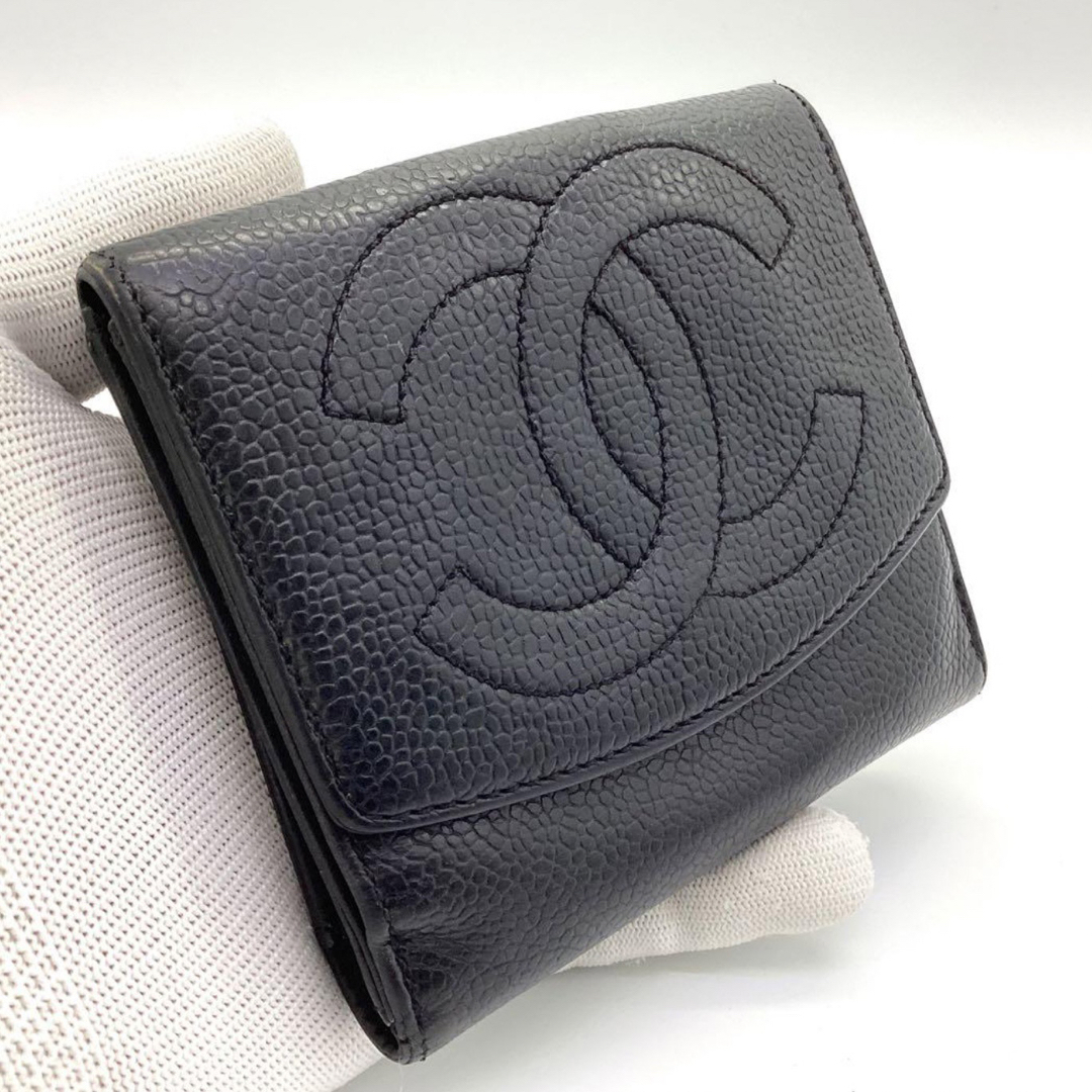 CHANEL - 美品 シャネル キャビアスキン ココマーク Wホック財布 男女