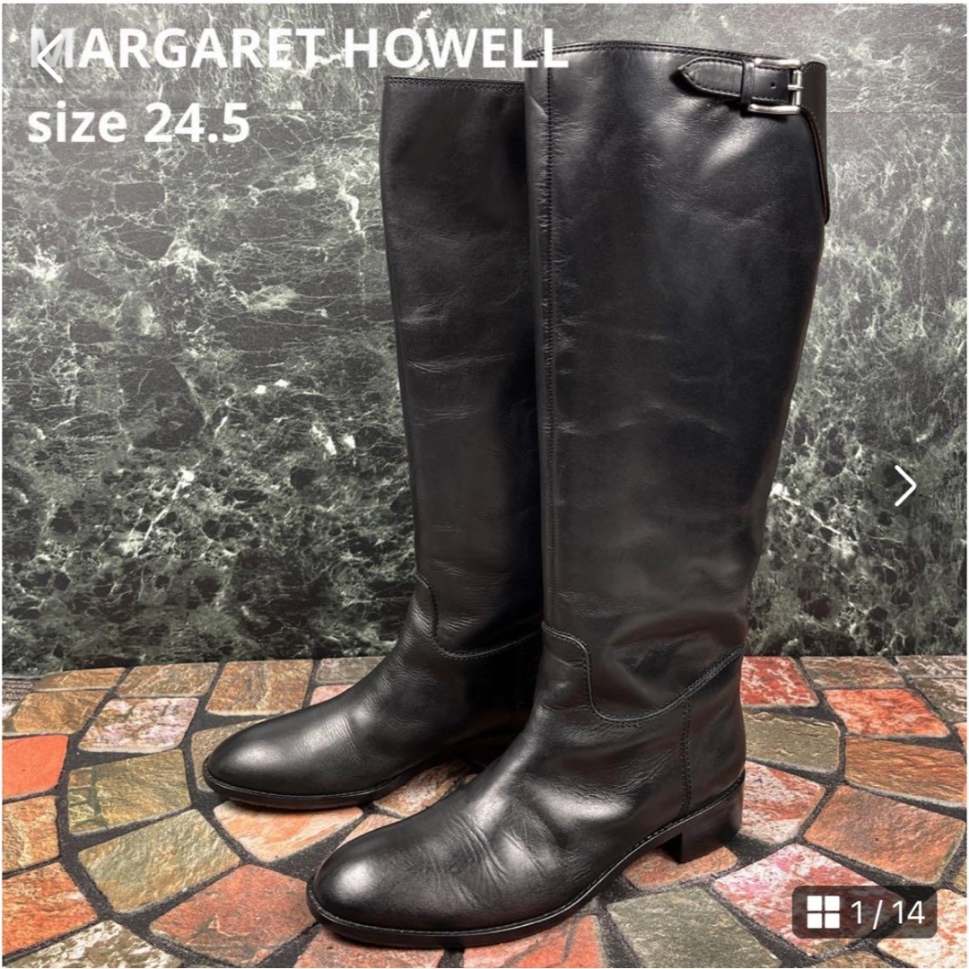 MARGARET HOWELL】(24.5)ロングブーツ レザー ベルト 黒-
