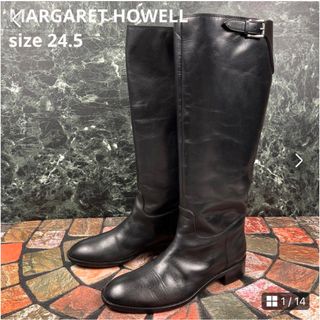 MARGARET HOWELL】(24.5)ロングブーツ レザー ベルト 黒-