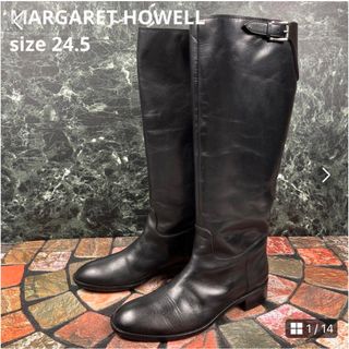 マーガレットハウエル(MARGARET HOWELL)の【MARGARET HOWELL】（24.5）ロングブーツ　レザー　ベルト　黒(ブーツ)