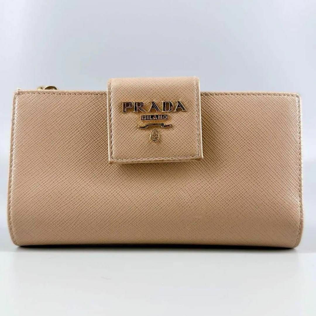 美品 PRADA サフィアーノ 折り財布 メタルロゴ 二つ折り ピンク GD金具-