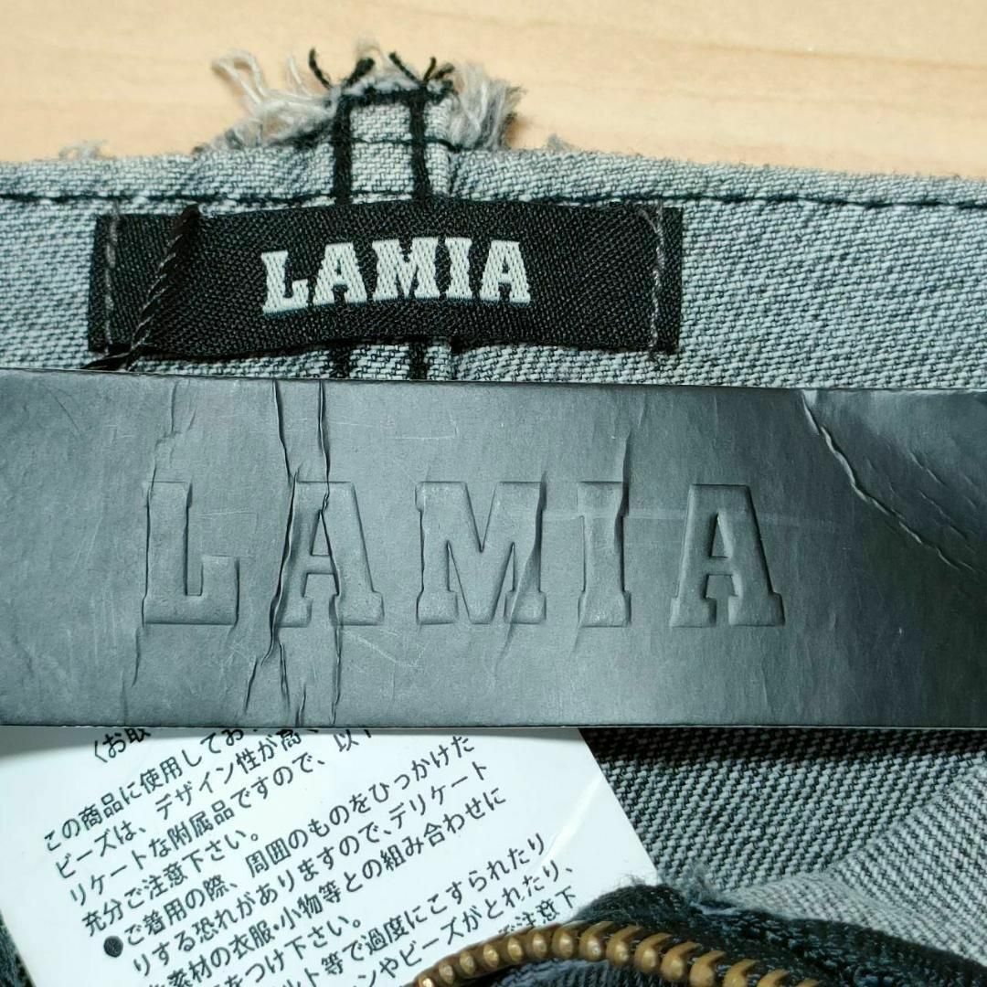 LAMIA(ラミア)のブラックデニムタイトスカート Mサイズ 膝丈 ポケット付き 新品タグ付き未使用！ レディースのスカート(ひざ丈スカート)の商品写真