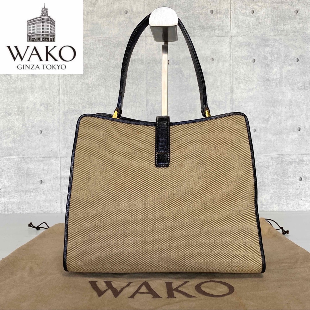 【WAkO】銀座和光 キャンバス×レザー ゴールド金具 肩掛けワンハンドルバッグ