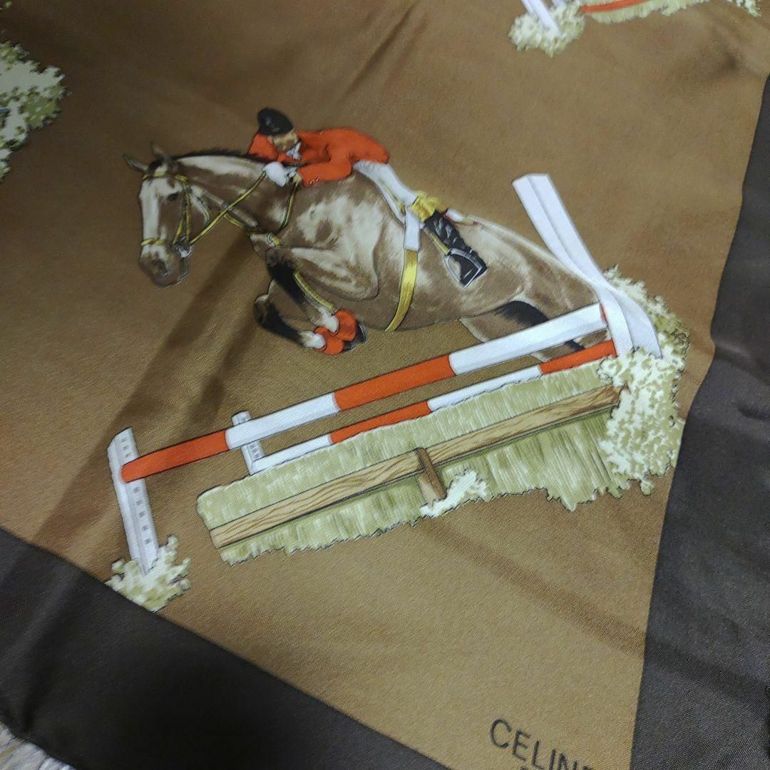 celine(セリーヌ)の1952超美品　セリーヌ　スカーフ　シルク　ホース　馬　障害馬術競技　ブラウン レディースのファッション小物(バンダナ/スカーフ)の商品写真