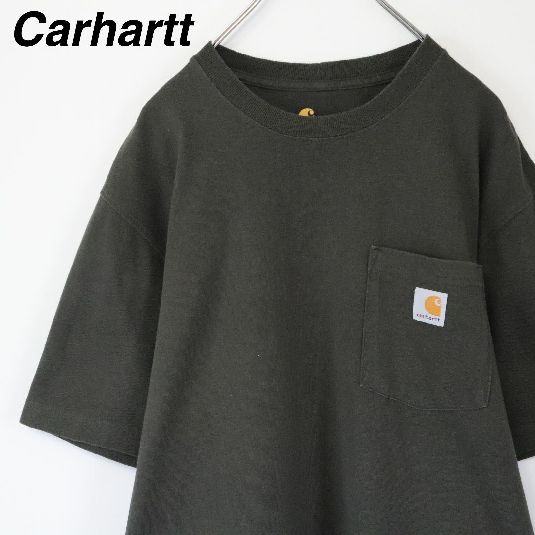 carhartt(カーハート)の【大人気】カーハート／Tシャツ　ワンポイントロゴ　大きめS　ポケT　グリーン系 メンズのトップス(Tシャツ/カットソー(半袖/袖なし))の商品写真