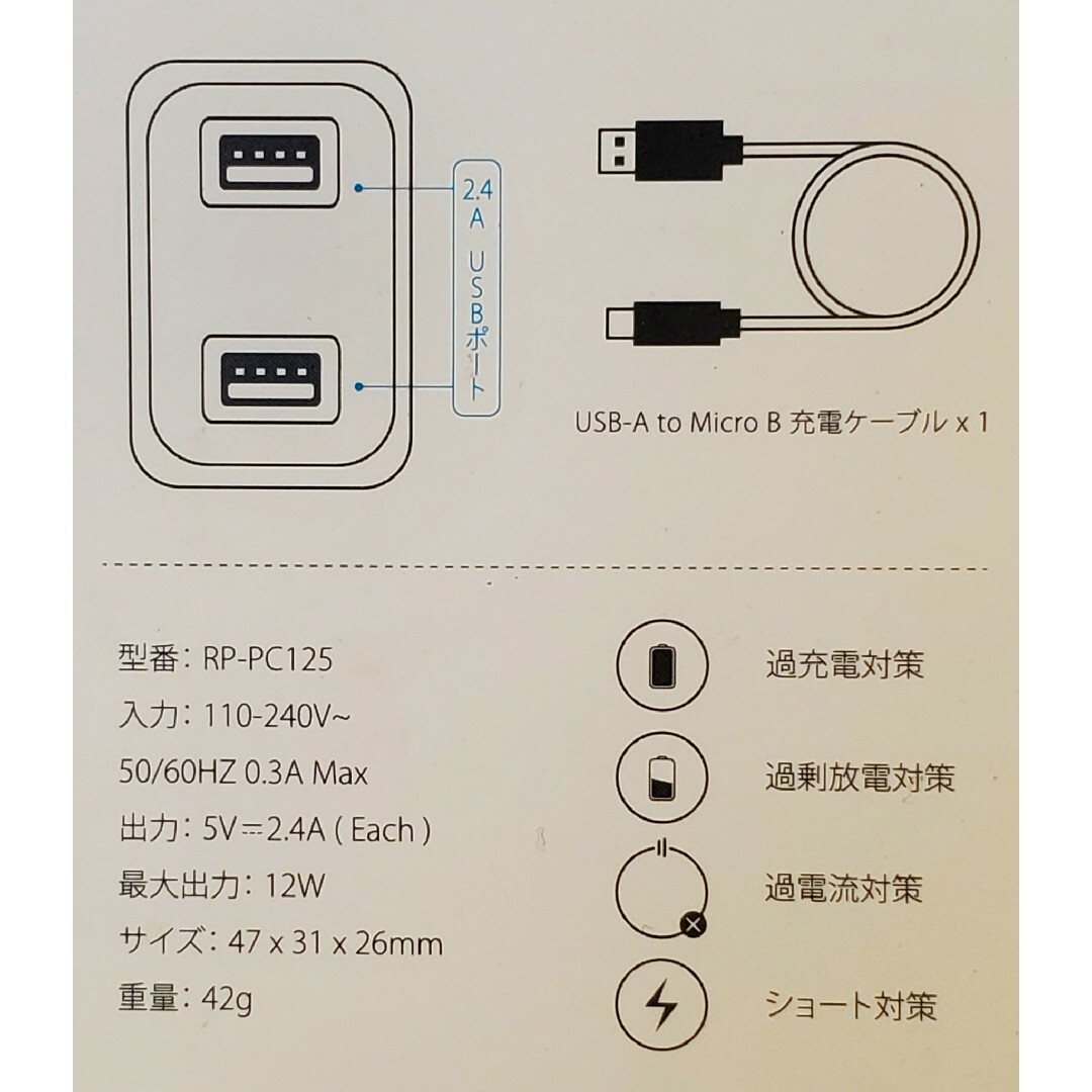 RAVPower(ラブパワー)の2.4A 2ポート コンセントチャージャー Micro USBケーブル付属 スマホ/家電/カメラのスマホアクセサリー(その他)の商品写真