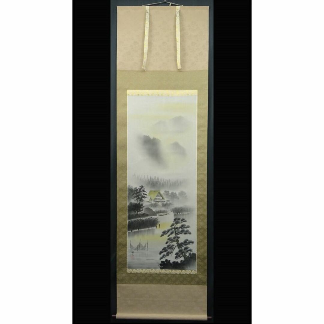 真作】掛軸 鳴村裕道『水墨山水図』絹本 肉筆 共箱付 掛け軸 真作】掛軸 鳴村裕道『水墨山水図』絹本 肉筆 共箱付 掛け軸