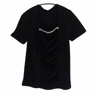 SS1258-2◇ 新品 シャーリング Tシャツ スクエアネック Lサイズ 黒(Tシャツ(半袖/袖なし))