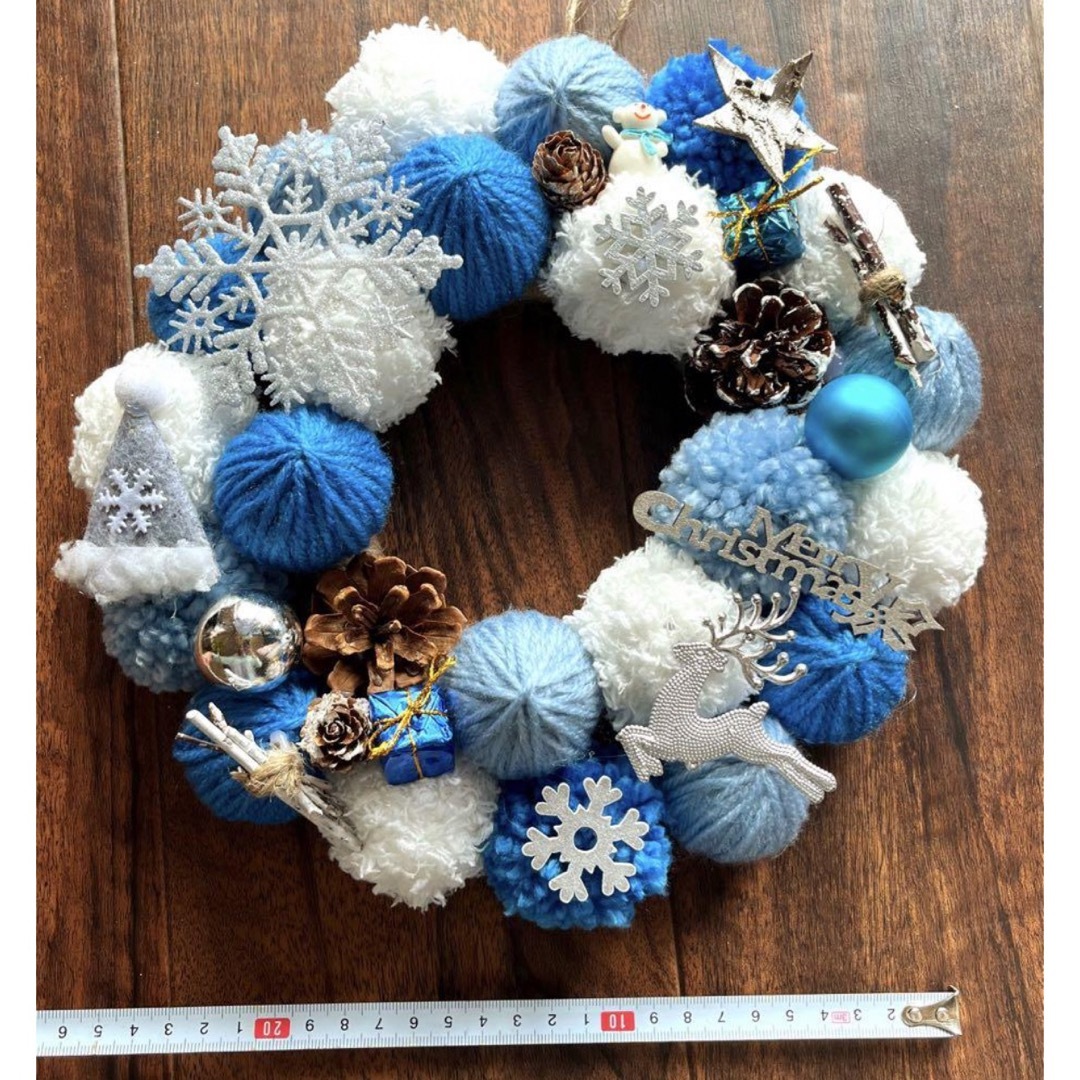 雪だるま クリスマスリース 毛糸玉リース ウェルカムリース 水色 雪だるま クリスマスリース 毛糸玉リース ウェルカムリース 水色