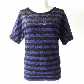 美品 ルイヴィトン 14SS モノグラムレース ボーダーカットソー レディース 白 紺 ネイビー XS 半袖 トップス Tシャツ LOUIS VUITTON