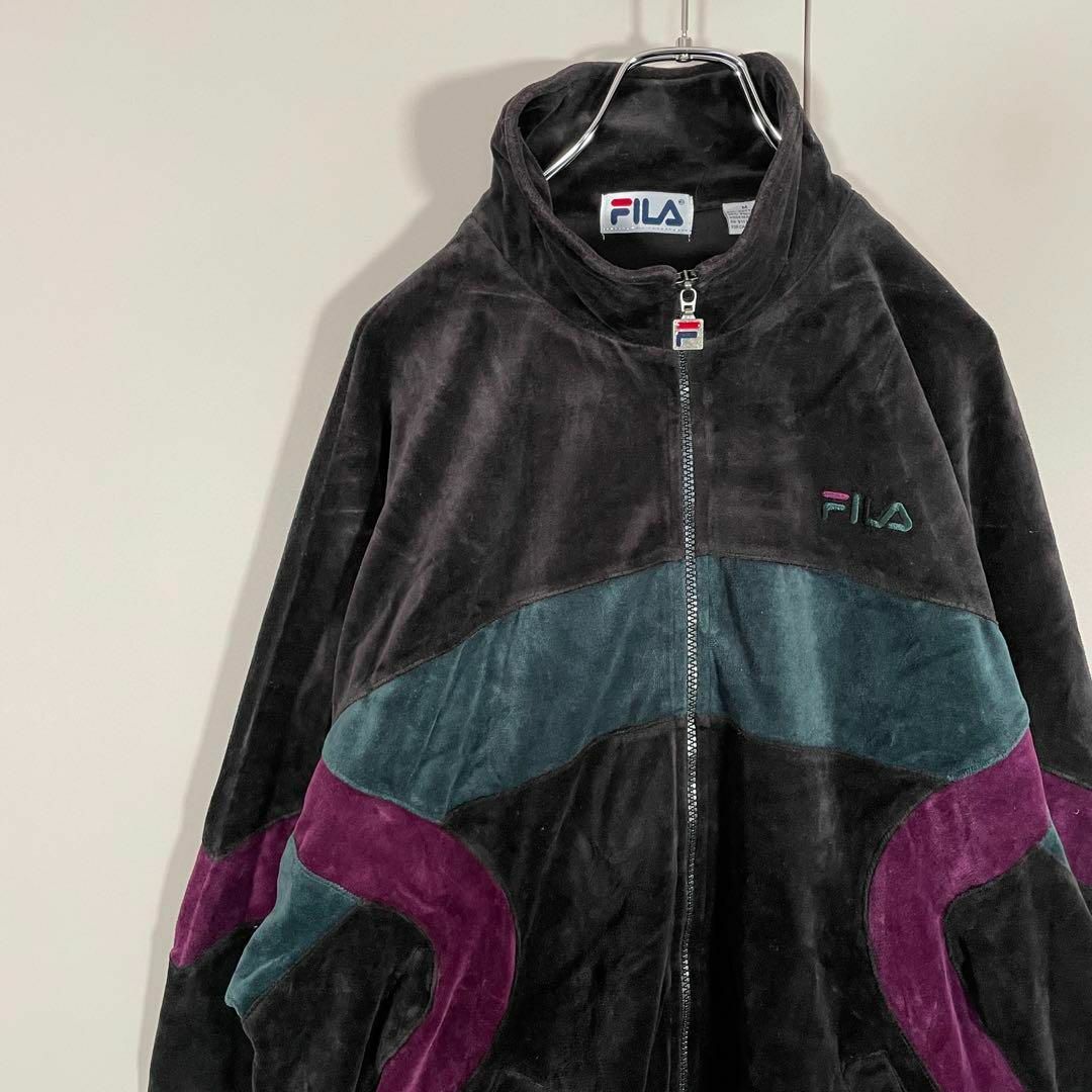 FILA フィラ　ヴィンテージ　トラックジャケット　ベロア　刺繍ロゴ　ネイビー