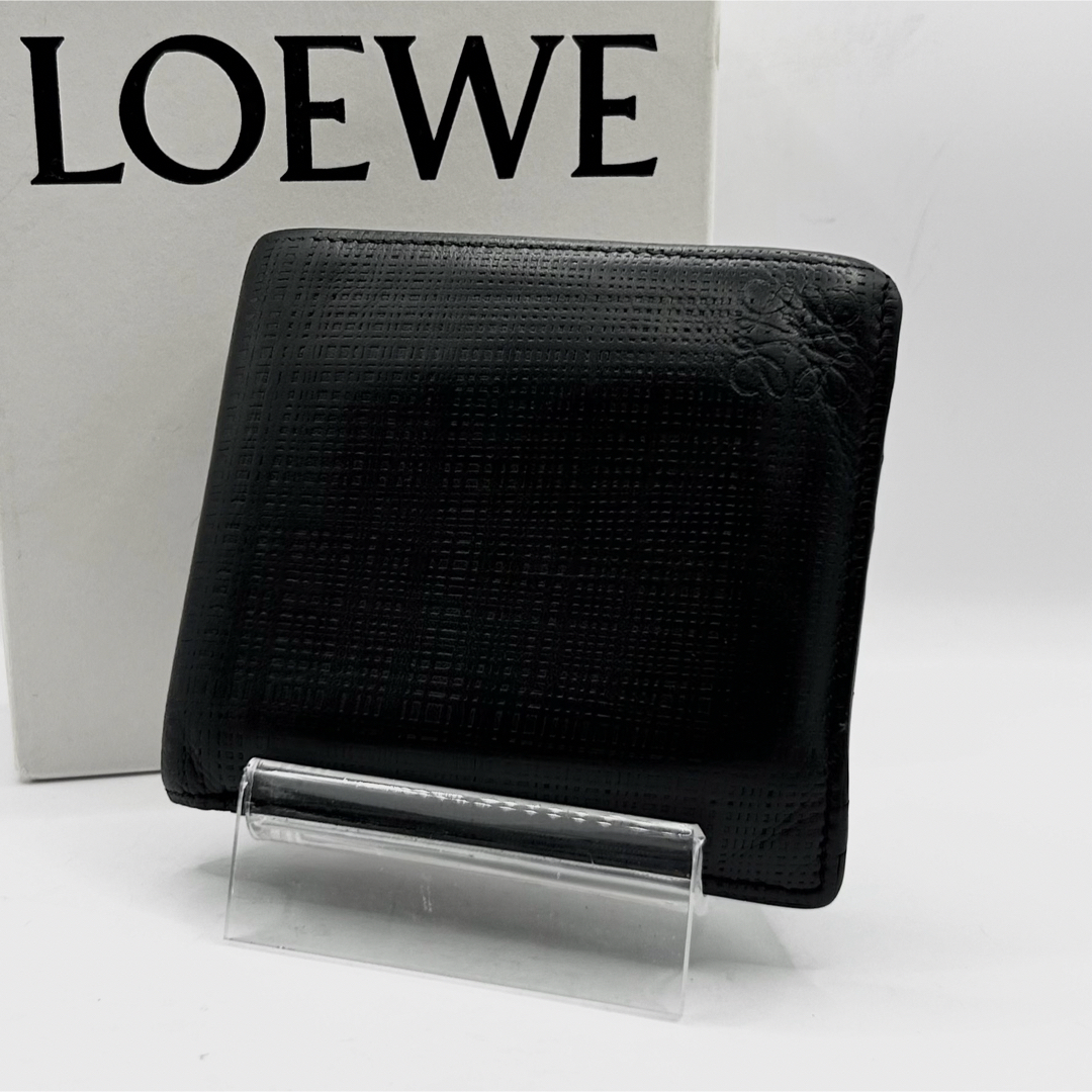 95cmヨコ美品 LOEWE レザー 二つ折り財布 リネン アナグラム ロゴ 型押し 黒