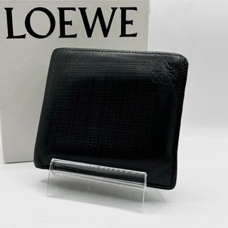 ロエベ(LOEWE)の美品 LOEWE レザー 二つ折り財布 リネン アナグラム ロゴ 型押し 黒(折り財布)