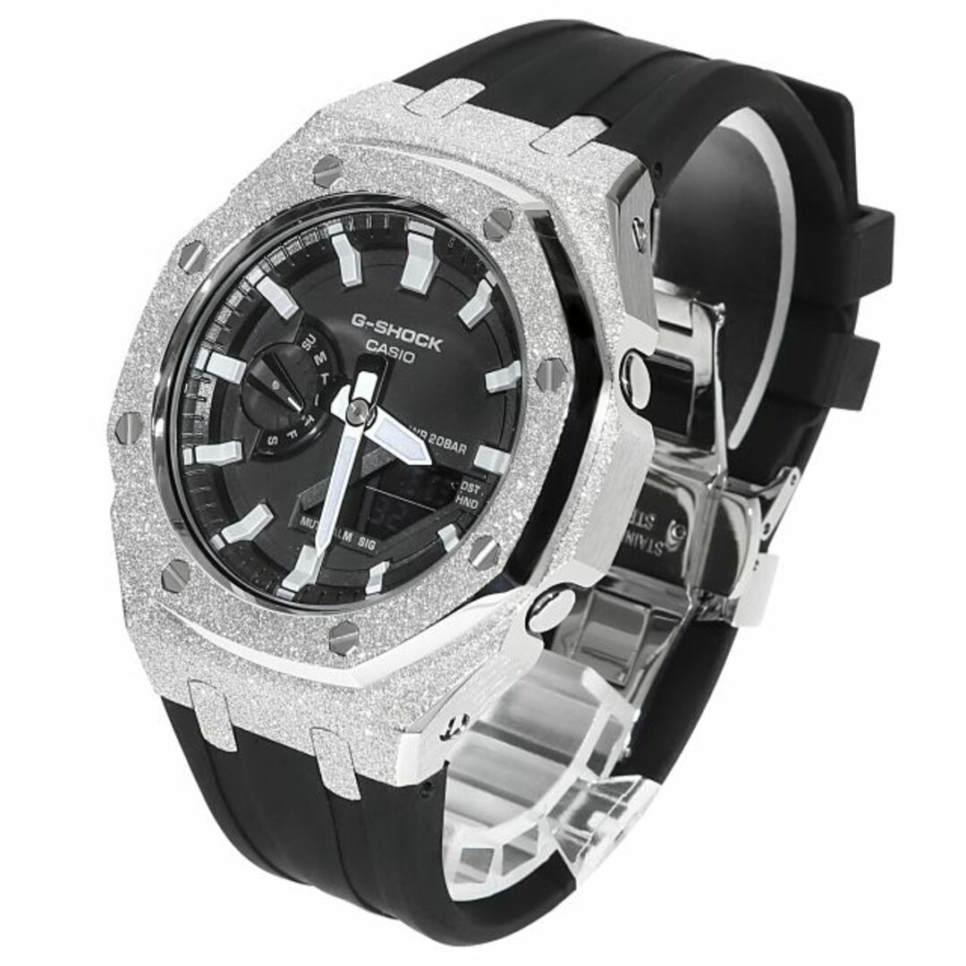 G-SHOCK(ジーショック)のG-SHOCK GA2100 メタル カスタム フロステッド ラバーバンド カシオーク ブラックベルト ステンレス製 艶消しモデル Frosted Edition CASIOAK シルバー メンズの時計(腕時計(アナログ))の商品写真