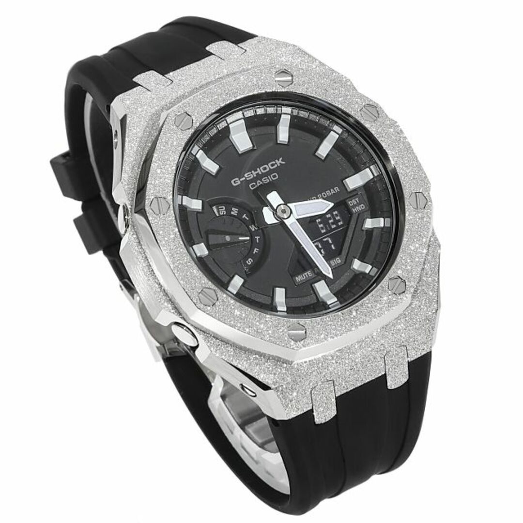 G-SHOCK(ジーショック)のG-SHOCK GA2100 メタル カスタム フロステッド ラバーバンド カシオーク ブラックベルト ステンレス製 艶消しモデル Frosted Edition CASIOAK シルバー メンズの時計(腕時計(アナログ))の商品写真