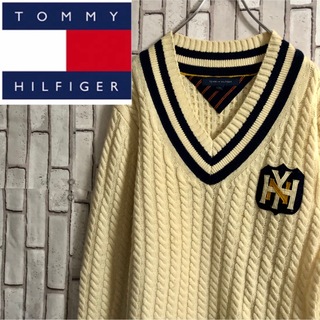 トミーヒルフィガー(TOMMY HILFIGER)のトミーヒルフィガー Vネック チルデンニットセーター ケーブル編み 90s(ニット/セーター)