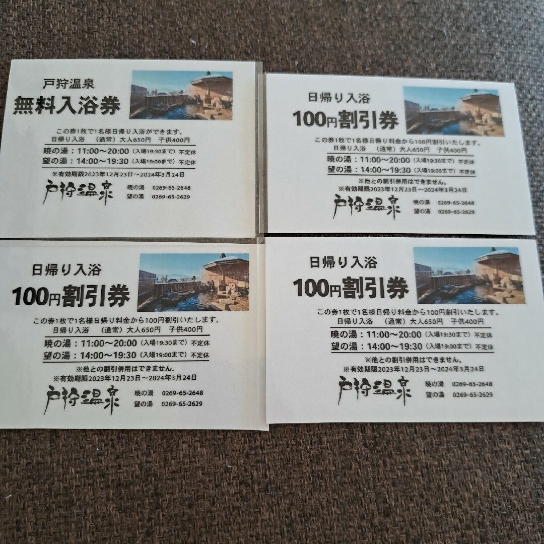 戸狩温泉☆無料券1枚&100円割引3枚 チケットの施設利用券(その他)の商品写真