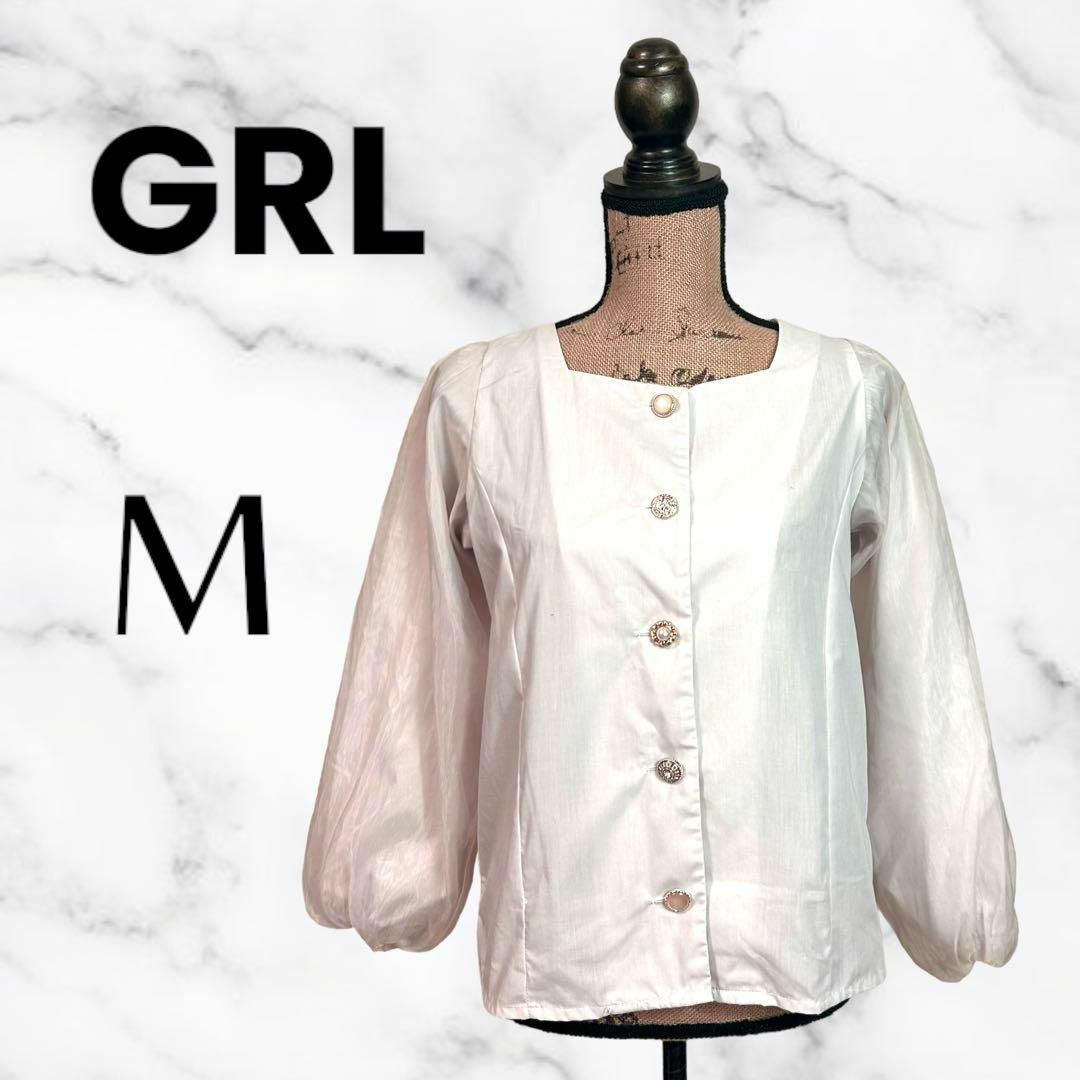 GRL(グレイル)の美品✨【GRL】スクエアネックブラウス　クリスタル　袖シースルー　薄ピンク　M レディースのトップス(シャツ/ブラウス(長袖/七分))の商品写真