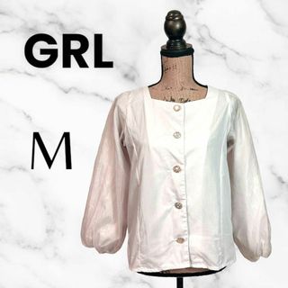 グレイル(GRL)の美品✨【GRL】スクエアネックブラウス　クリスタル　袖シースルー　薄ピンク　M(シャツ/ブラウス(長袖/七分))