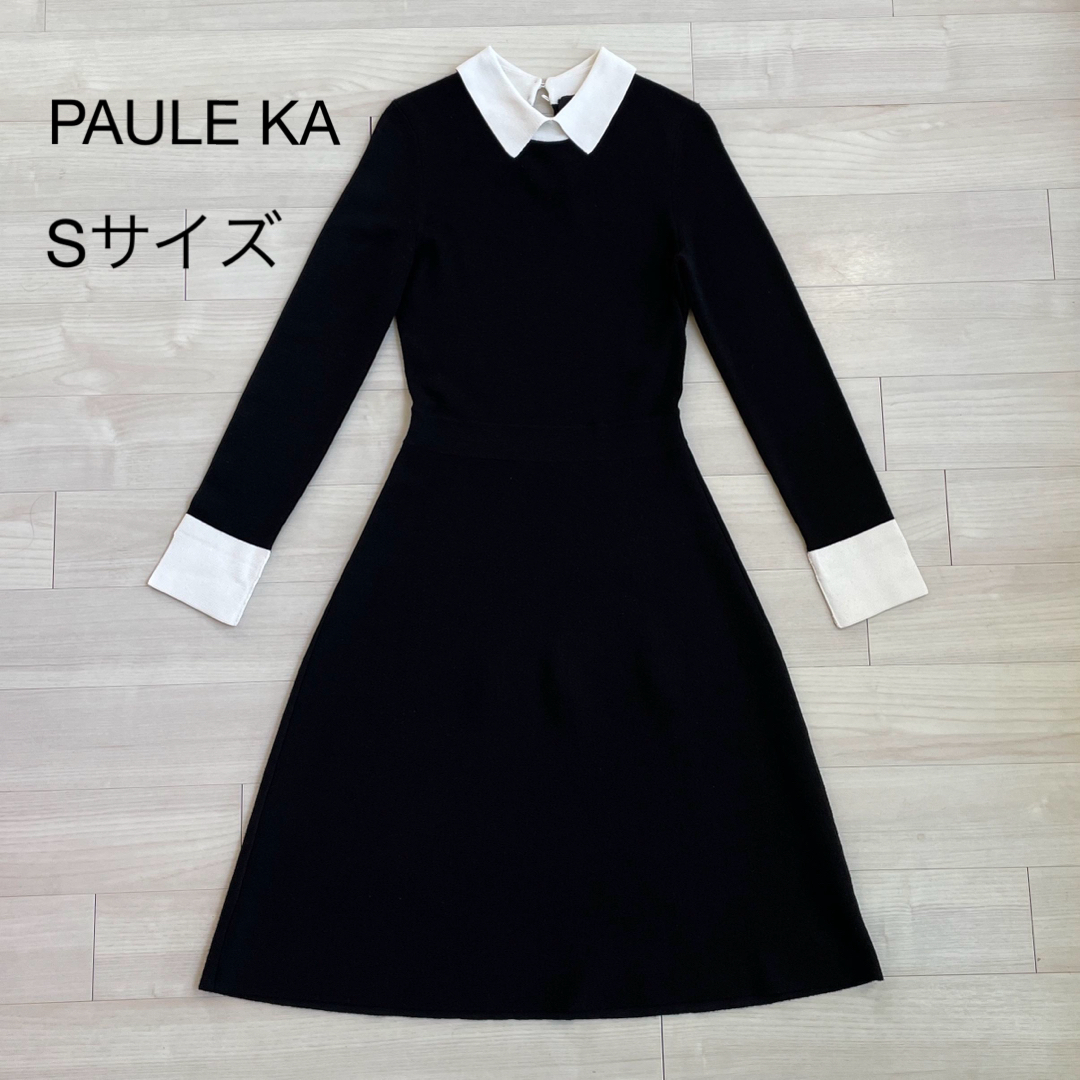 PAULE KA(ポールカ)のxs s ポールカ ワンピース 黒 ブラック 襟付き ニット フレア 膝丈 白襟 レディースのワンピース(ひざ丈ワンピース)の商品写真