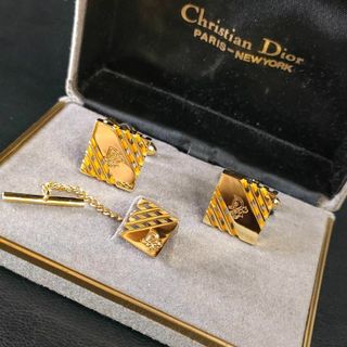 【美品】Dior　ディオール　カフス・タイピンセット　ゴールド　ボーダー　ロゴ
