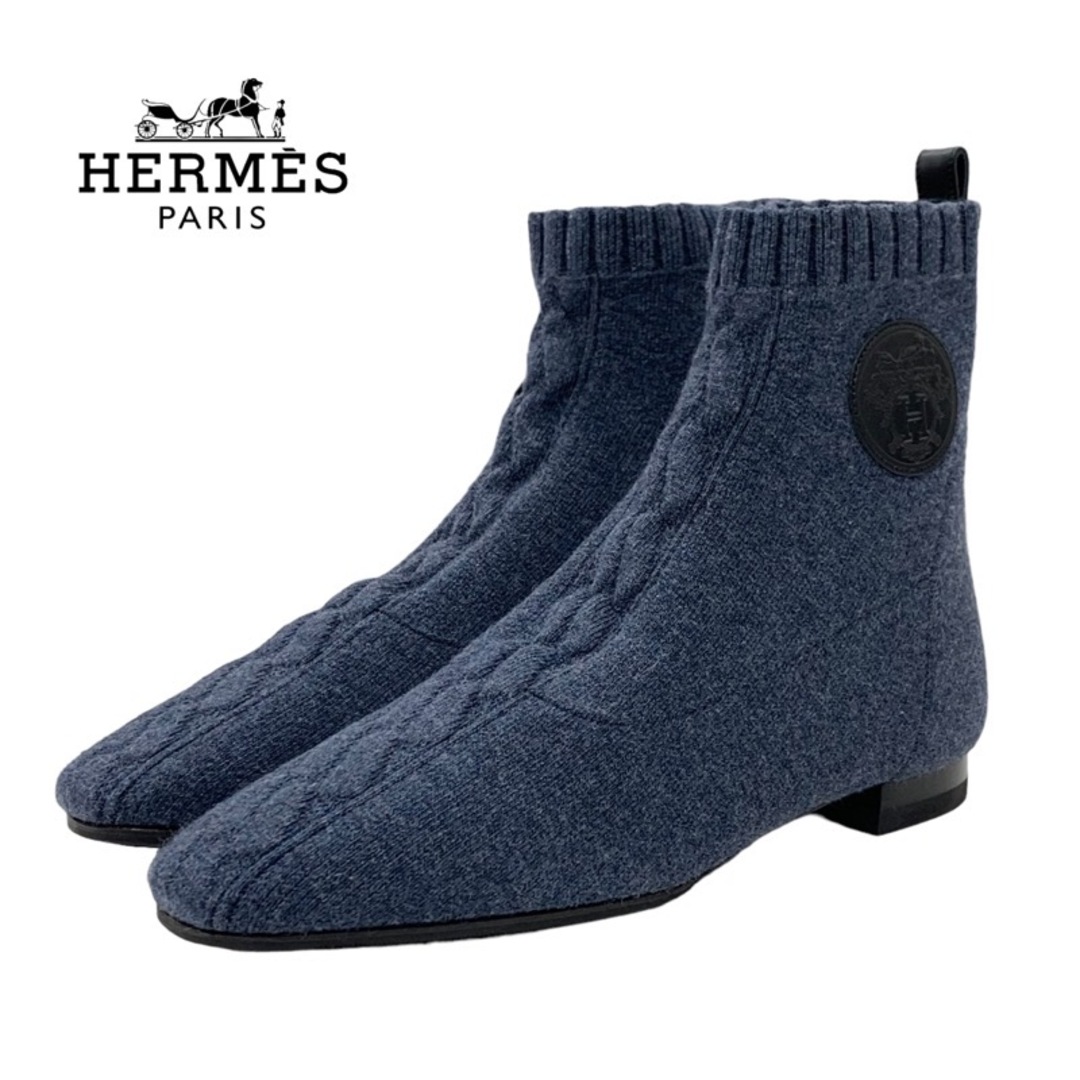 Hermes(エルメス)のエルメス HERMES デュオ ブーツ ショートブーツ 靴 シューズ ニット レザー ブルー系 ブラック ソックスブーツ エクスリブリス レディースの靴/シューズ(ブーツ)の商品写真