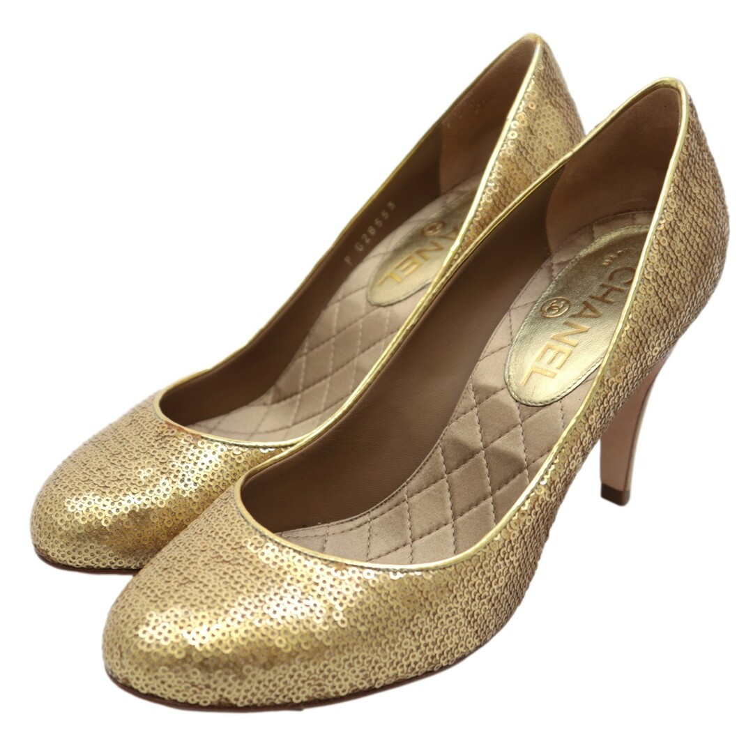 CHANEL(シャネル)の美品 シャネル スパンコール ヒール パンプス レディース ゴールド 37.5C ココマーク サテン CHANEL レディースの靴/シューズ(ハイヒール/パンプス)の商品写真