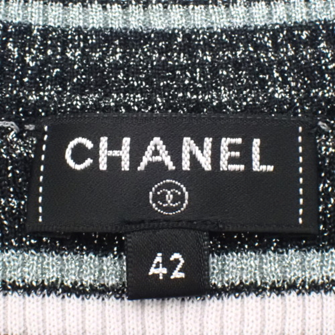 CHANEL(シャネル)のCHANEL(シャネル) 半袖 ボーダー ラメ ニット トップス アパレル 衣類 ファッション セーター 42 シルク ポリエステル コットン ブラック黒 グリーン緑 シルバー レディース 41100034654【中古】【アラモード】 レディースのトップス(ニット/セーター)の商品写真