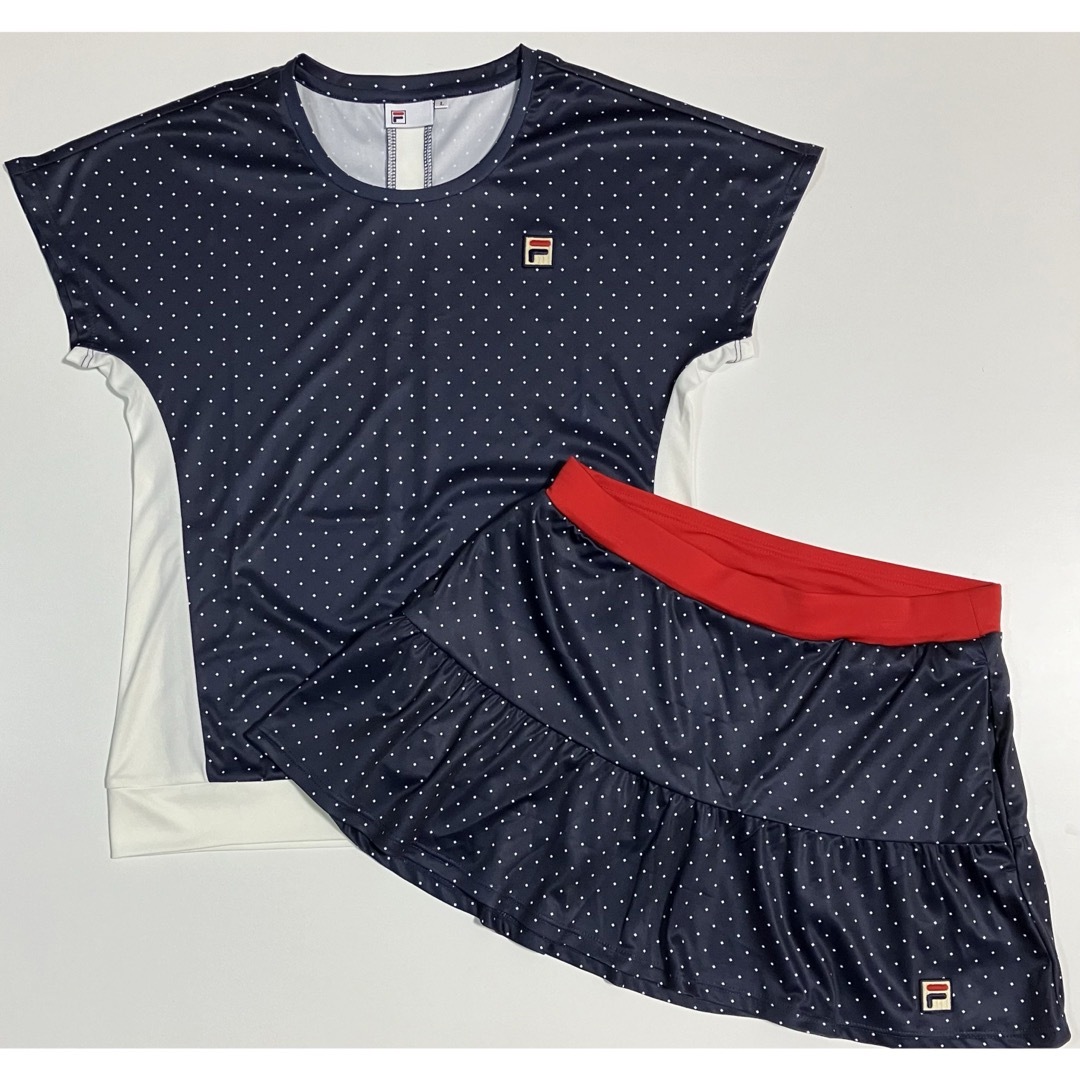 美品 今季 フィラ Fila ドット柄 TシャツL スコートM セット 紺スポーツ/アウトドア