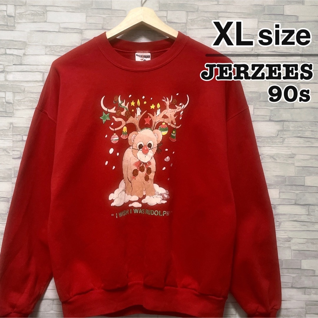 JERZEES(ジャージーズ)のJERZEES　スウェット　レッド　クリスマス　ルドルフ　赤鼻のトナカイ　90s メンズのトップス(スウェット)の商品写真