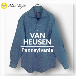 【バンヒューゼン】VanHeusen 長袖 シャツ ネイビー ドット 小紋柄 L(シャツ)