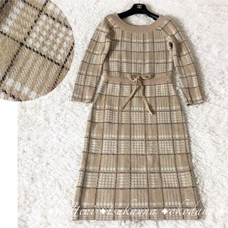 レッセパッセ(LAISSE PASSE)のレッセパッセ ニットワンピース チェック柄 総柄 ロング ウエストリボン M(ロングワンピース/マキシワンピース)