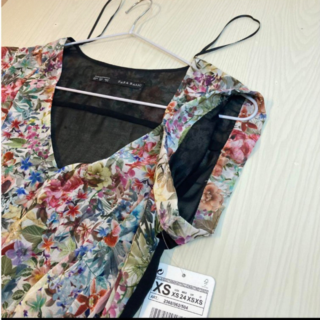 ZARA(ザラ)の美新品】ZARA BASIC 透け感花柄ワンピース チュニック 背中シースルー レディースのワンピース(ミニワンピース)の商品写真