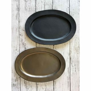 リムオーバル皿マット黒&ゴールド大皿2枚 美濃焼 オシャレ陶器メイン皿デザート皿(食器)