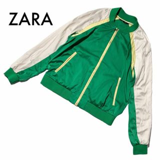 ザラ(ZARA)のザラ スカジャン メンズL アウター ジャケット グリーン 白 サテンジャンパー(スカジャン)