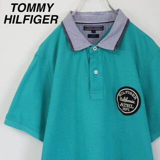 トミーヒルフィガー(TOMMY HILFIGER)の【XLサイズ】トミーヒルフィガー／ポロシャツ　ワンポイントロゴ　鹿の子　青緑(ポロシャツ)