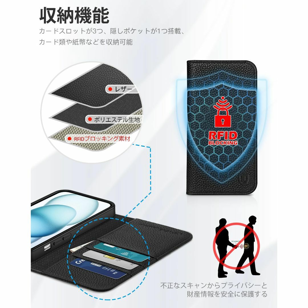 【色: ブラック（ライチ紋）】SHIELDON iPhone15 対応ケース 手 スマホ/家電/カメラのスマホアクセサリー(その他)の商品写真