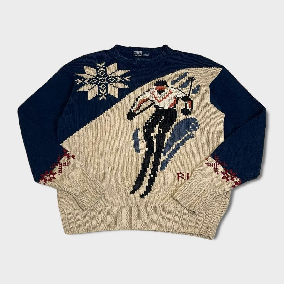 POLO RALPH LAUREN(ポロラルフローレン)のポロラルフローレン　ニット　ハンドメイド　スキー　ブルー　ホワイト　古着 メンズのトップス(ニット/セーター)の商品写真