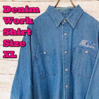 デニム　ワークシャツ　オーバーサイズＸＬ　メンズ長袖　刺繍ロゴ　青ブルー　古着(シャツ)