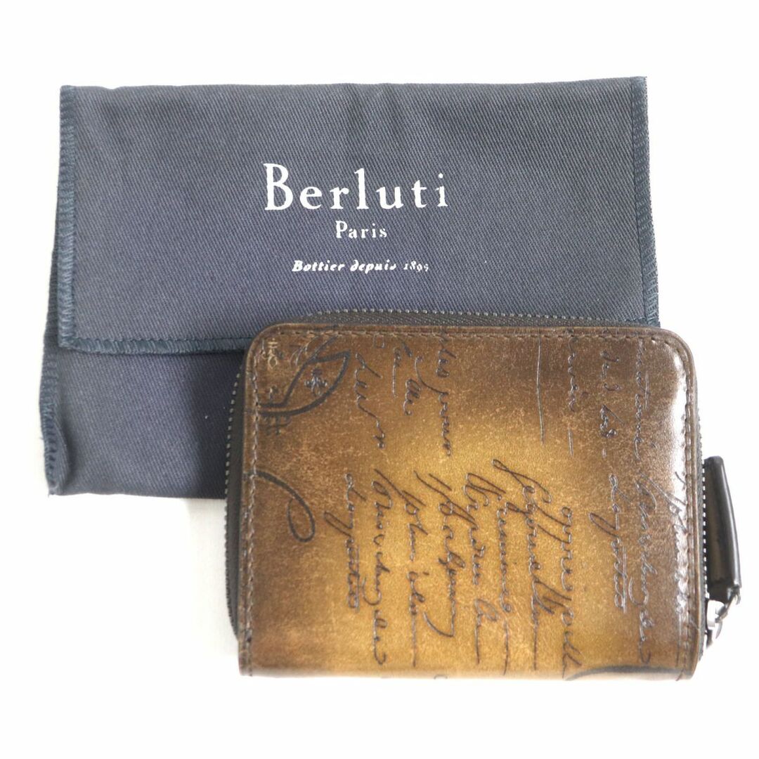 美品▼Berluti ベルルッティ カリグラフィ WAPA ラウンドファスナー レザーカードケース/コインケース/財布/小銭入れ ブラウン 伊製 袋付き