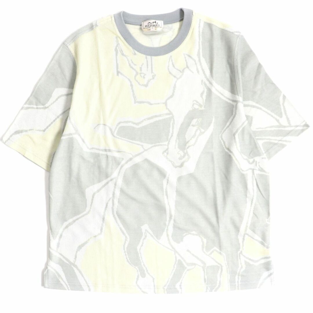 未使用品▼21SS HERMES エルメス DANSE DES CHEVAUX 馬柄 クルーネック 半袖Tシャツ グレー×イエロー M メンズ イタリア製 タグ付き約45cm袖丈