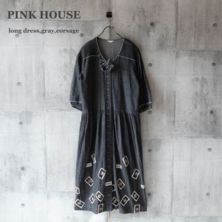 美品 2020 PINK HOUSE ピンクハウス レース起毛ワンピース/ネイビー 前開き フレア【2400013413565】