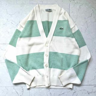 ラコステ(LACOSTE)の【オールドラコステ】美品 Lサイズ ワイドボーダー コットン カーディガン 白緑(カーディガン)