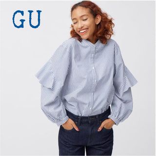 ジーユー(GU)のsale!新品タグ付☆GUジーユー☆ ラッフルスリーブブラウス完売3XL縞(シャツ/ブラウス(長袖/七分))