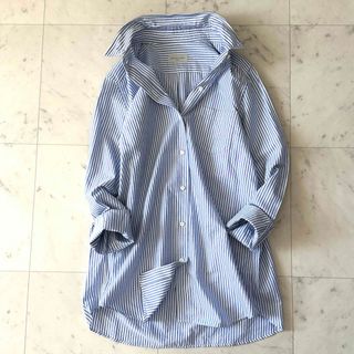 ドゥーズィエムクラス(DEUXIEME CLASSE)の極美品*ドゥーズィエムクラス ワイヤーwash シャツ ストライプ 長袖 ブルー(シャツ/ブラウス(長袖/七分))