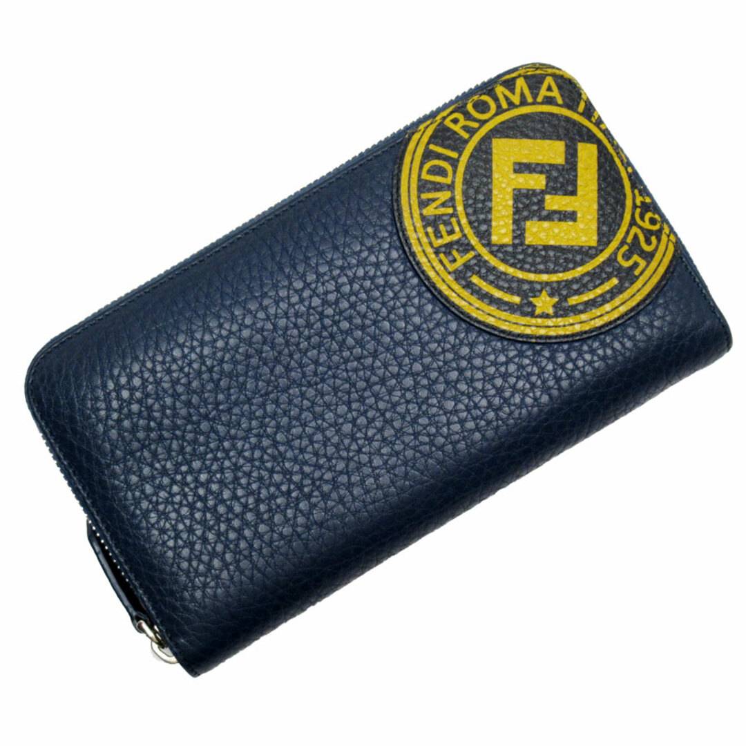 フェンディ FENDI ラウンドファスナー長財布 レザー ネイビー×イエロー