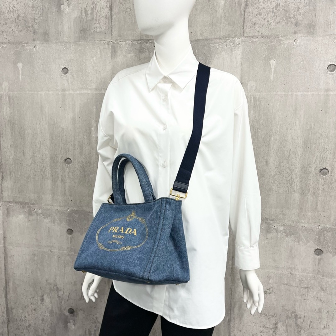 【限定価格】PRADA プラダ ハンドバッグ カナパ ミニトートバッグ ショルダーバッグ 2WAY トライアングルロゴ 鞄 かばん デニム ブルー 青  ゴールド金具 レディース【中古品】