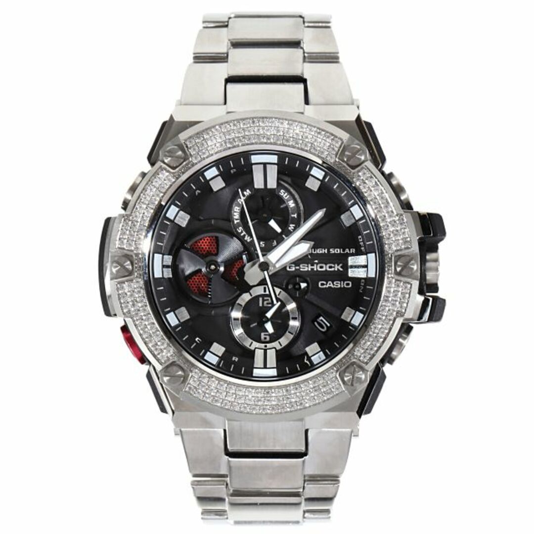 55mmベゼル素材G-SHOCK GST B100 メタルバンド シルバー CZダイヤ（キュービックジルコニア）カスタムベゼル ブラック文字盤